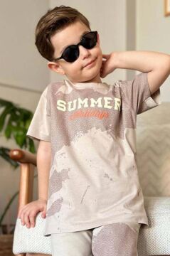 Erkek Çocuk Summer Yazı Baskılı  Cep ve İp Detaylı Bej Şortlu Takım
