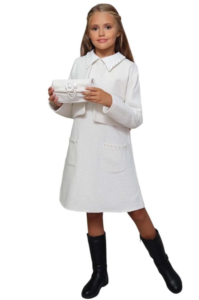 Kız Çocuk Blazer Ceketli Bebe Yaka Sıfır Kol Triko Beyaz Elbise