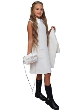 Kız Çocuk Blazer Ceketli Bebe Yaka Sıfır Kol Triko Beyaz Elbise