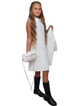 Kız Çocuk Blazer Ceketli Bebe Yaka Sıfır Kol Triko Beyaz Elbise