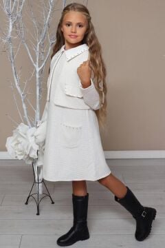 Kız Çocuk Blazer Ceketli Bebe Yaka Sıfır Kol Triko Beyaz Elbise