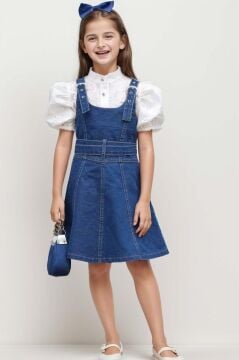 Kız Çocuk Dokuma İşlemeli Gömlek ve Askı Detaylı Jean Mavi Elbise