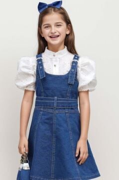 Kız Çocuk Dokuma İşlemeli Gömlek ve Askı Detaylı Jean Mavi Elbise