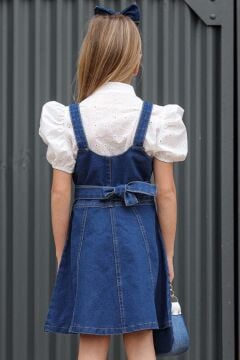 Kız Çocuk Dokuma İşlemeli Gömlek ve Askı Detaylı Jean Mavi Elbise