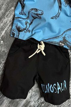 Erkek Çocuk Dinosaur Yazı ve Görsel Baskılı Suprem Mavi Tişört Şortlu Takım