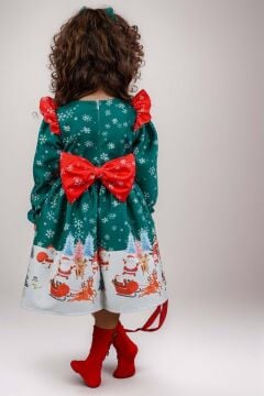 Kız Çocuk Omuzları Fırfırlı Geyik ve Kar Tanesi Baskılı Yeşil Noel Elbise