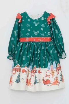 Kız Çocuk Omuzları Fırfırlı Geyik ve Kar Tanesi Baskılı Yeşil Noel Elbise