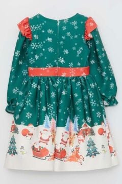 Kız Çocuk Omuzları Fırfırlı Geyik ve Kar Tanesi Baskılı Yeşil Noel Elbise