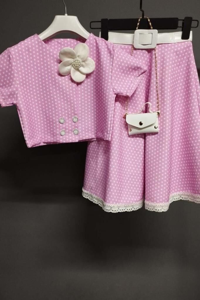 Kız Çocuk Puantiyeli Düğme Detaylı Pembe Etekli Takım
