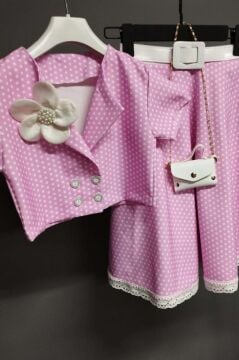 Kız Çocuk Puantiyeli Düğme Detaylı Pembe Etekli Takım