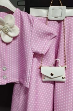 Kız Çocuk Puantiyeli Düğme Detaylı Pembe Etekli Takım