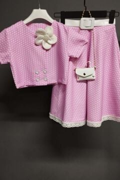 Kız Çocuk Puantiyeli Düğme Detaylı Pembe Etekli Takım