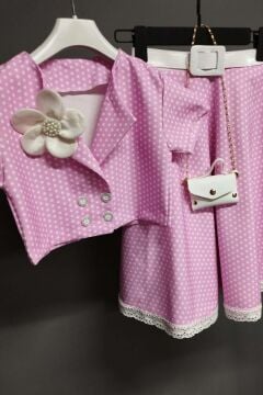 Kız Çocuk Puantiyeli Düğme Detaylı Pembe Etekli Takım