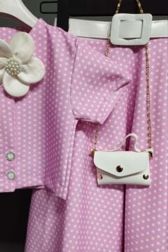 Kız Çocuk Puantiyeli Düğme Detaylı Pembe Etekli Takım