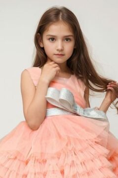 Kız Çocuk Simli Fiyonk Detaylı Kat Kat Tüllü Somon Abiye