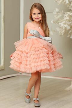 Kız Çocuk Simli Fiyonk Detaylı Kat Kat Tüllü Somon Abiye