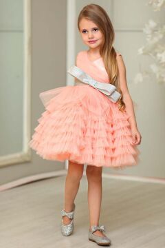 Kız Çocuk Simli Fiyonk Detaylı Kat Kat Tüllü Somon Abiye