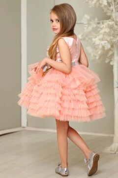 Kız Çocuk Simli Fiyonk Detaylı Kat Kat Tüllü Somon Abiye