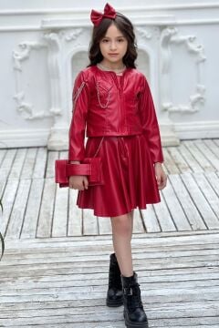 Kız Çocuk Zincir Detaylı Ceket Beli Manşetli Etek ve Croplu Kırmızı Etekli Takım