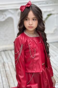 Kız Çocuk Zincir Detaylı Ceket Beli Manşetli Etek ve Croplu Kırmızı Etekli Takım