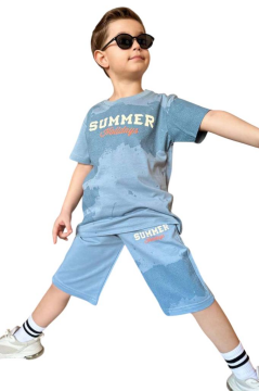Erkek Çocuk Summer Yazı Baskılı  Cep ve İp Detaylı Mavi Şortlu Takım