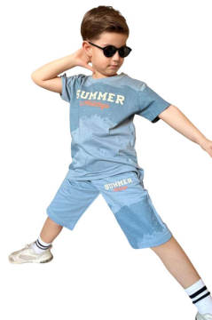 Erkek Çocuk Summer Yazı Baskılı  Cep ve İp Detaylı Mavi Şortlu Takım