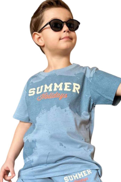 Erkek Çocuk Summer Yazı Baskılı  Cep ve İp Detaylı Mavi Şortlu Takım