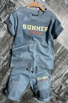 Erkek Çocuk Summer Yazı Baskılı  Cep ve İp Detaylı Mavi Şortlu Takım