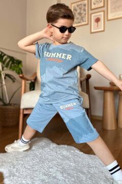 Erkek Çocuk Summer Yazı Baskılı  Cep ve İp Detaylı Mavi Şortlu Takım