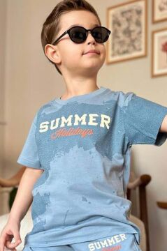 Erkek Çocuk Summer Yazı Baskılı  Cep ve İp Detaylı Mavi Şortlu Takım