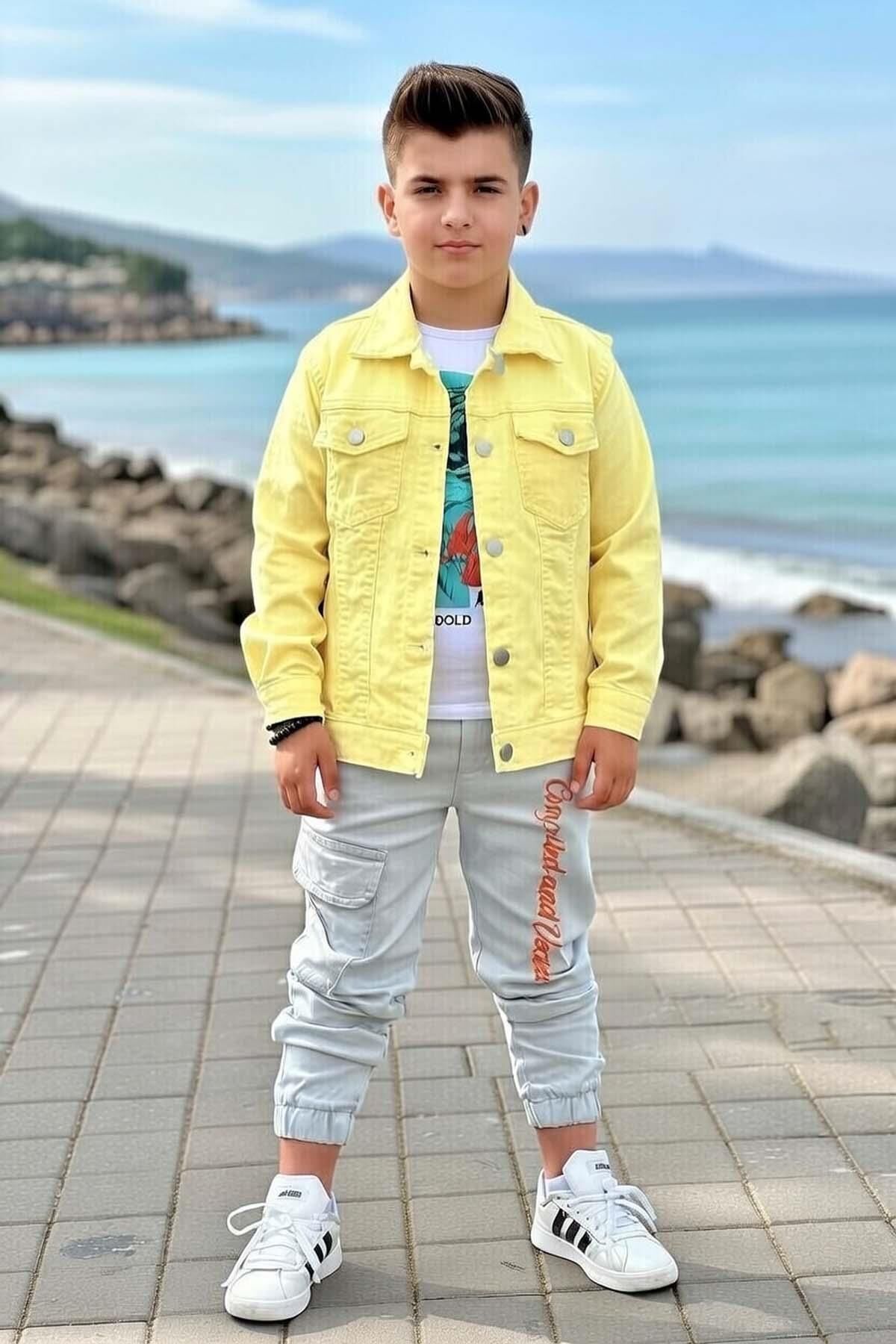 Erkek Çocuk Digital Kaplan Baskılı Tişört ve Sırt Detaylı Sarı Jean Ceket Alt Üst Takım