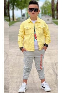 Erkek Çocuk Digital Kaplan Baskılı Tişört ve Sırt Detaylı Sarı Jean Ceket Alt Üst Takım