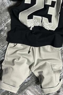 Erkek Çocuk Üzeri Sayı Baskılı Penye T-Shirt Kargo Cepli Şortlu Takım