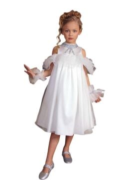 Kız Çocuk Omuzu Açık Yakası Taş İşlemeli Göğsü Fırfırlı İçi Astarlı Beyaz Abiye