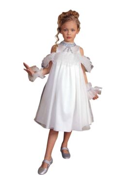 Kız Çocuk Omuzu Açık Yakası Taş İşlemeli Göğsü Fırfırlı İçi Astarlı Beyaz Abiye