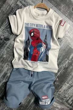 Erkek Çocuk Örümcek Ağı ve Digital Yazı Baskılı T-shirt İp Detaylı Mavi Şortlu Takım