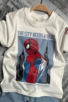 Erkek Çocuk Örümcek Ağı ve Digital Yazı Baskılı T-shirt İp Detaylı Mavi Şortlu Takım