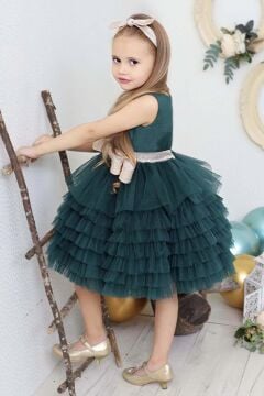 Kız Çocuk Simli Fiyonk Detaylı Kat Kat Tüllü Yeşil Abiye
