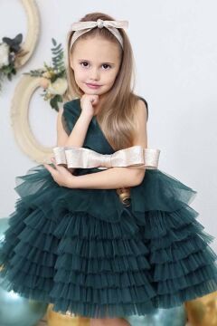 Kız Çocuk Simli Fiyonk Detaylı Kat Kat Tüllü Yeşil Abiye