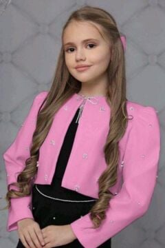 Kız Çocuk Üzeri Taş İşlemeli Etek Askılı Penye Bluz ve Pembe Blazer Ceket Etekli Takım