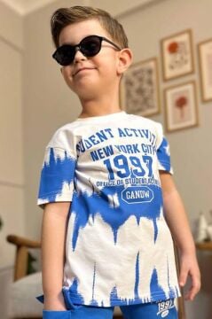 Erkek Çocuk New York City ve Yazı Baskılı T-Shirt Mavi Şortlu Takım