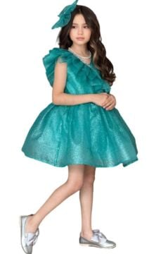 Kız Çocuk Yakası Fırfır Detaylı Taş İşlemeli Simli Turkuaz Abiye