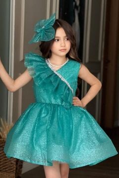 Kız Çocuk Yakası Fırfır Detaylı Taş İşlemeli Simli Turkuaz Abiye