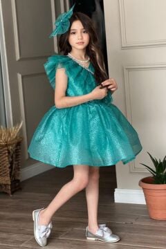 Kız Çocuk Yakası Fırfır Detaylı Taş İşlemeli Simli Turkuaz Abiye