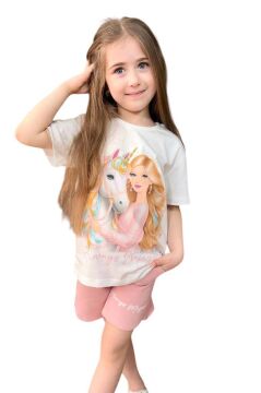 Kız Çocuk Üzeri Digital Bebek ve At Baskılı Penye T-Shirt Pudra Şortlu Takım