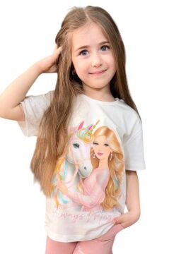 Kız Çocuk Üzeri Digital Bebek ve At Baskılı Penye T-Shirt Pudra Şortlu Takım