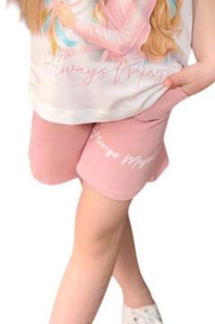 Kız Çocuk Üzeri Digital Bebek ve At Baskılı Penye T-Shirt Pudra Şortlu Takım