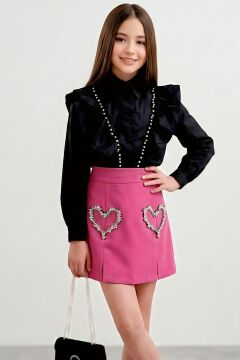 Kız Çocuk Kristal Taşlı Kalp Figürlü Pembe Etekli Takım