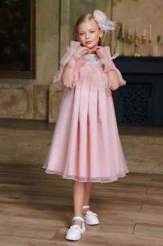 Kız Çocuk Omuzu Açık Yakası Taş İşlemeli Göğsü Fırfırlı İçi Astarlı Somon Abiye