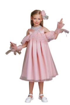 Kız Çocuk Omuzu Açık Yakası Taş İşlemeli Göğsü Fırfırlı İçi Astarlı Somon Abiye